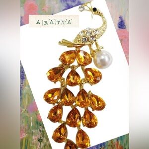 New Aratta Silent Journey “Anika” Amber Rhinestone and Faux Pearl Peacock Brooch